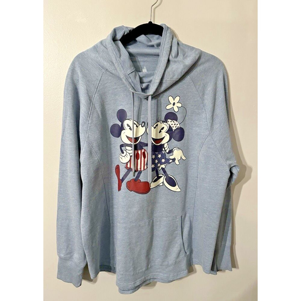 Disney Parks Sweatshirt XXL Blue Cowl Neck Mickey & Minnie Stars Stripes Raise